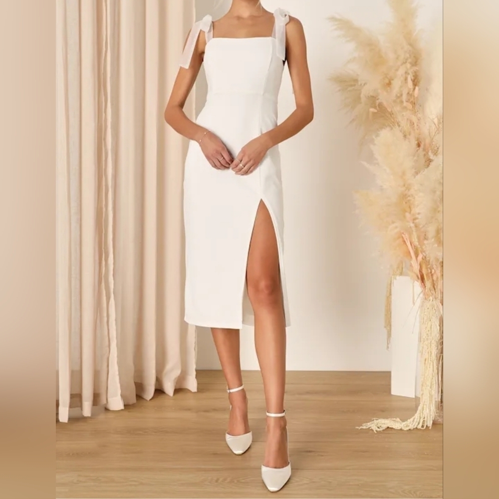 Lulus Romantic Celebration White Tie-Strap Bodycon Midi Dress